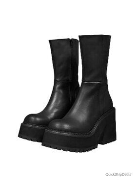 Chunky Goth Platform Ankle Boots for Women, Side Zipper, Synthetic Leather